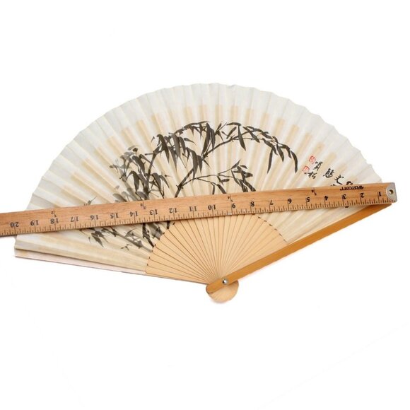 Vintage Japanese Bamboo Folding Hand Fan Paper Wood Watercolour Paint Cream Tan - Picture 4 of 11